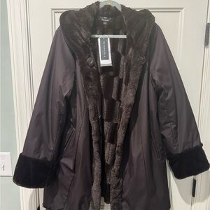 Size 1X - Dennis Basso - NEW!!Reversible faux fur coat with pockets and hood.